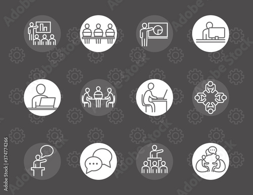 coworking office business teamwork space, line icons design