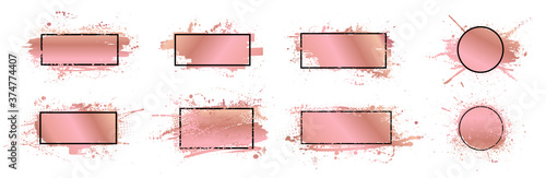 Golden rose grunge strokes with frame. Elements design for backdrop, logo, banners, flyers, cards and other. Boxes for text. Gold rose splashes set. Artistic design elements with picture frame. Vector