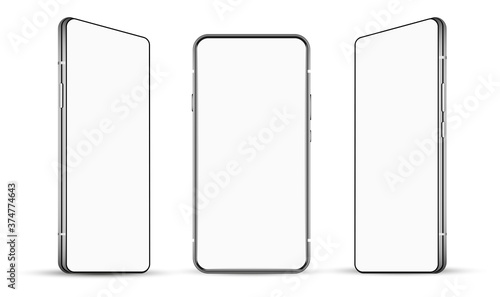 Vector smartphone from different angles, excellent angles for presenting your product. Mobile phone mockup set with blank screen in realistic style. 3D smartphone template for presentation.