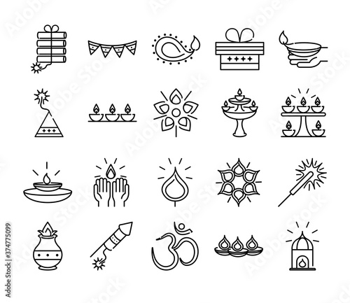 happy diwali india festival, deepavali religion event cultural line style icons vector