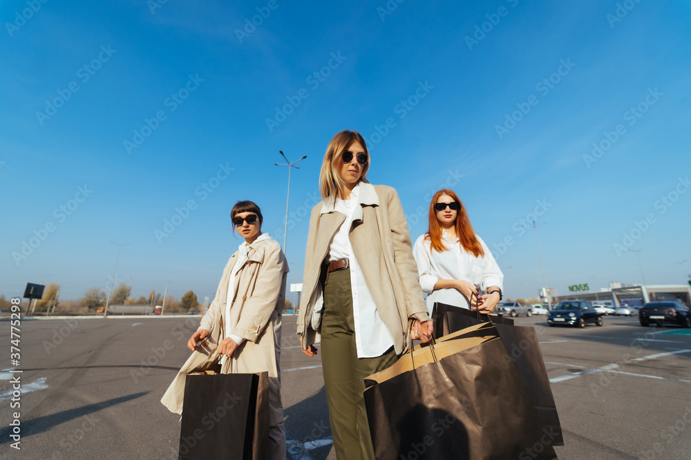 Young women with bags in hands posing for the camera Young women with bags in hands posing for the camera