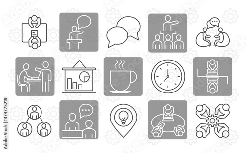 coworking office business workspace employees and team, line icons design
