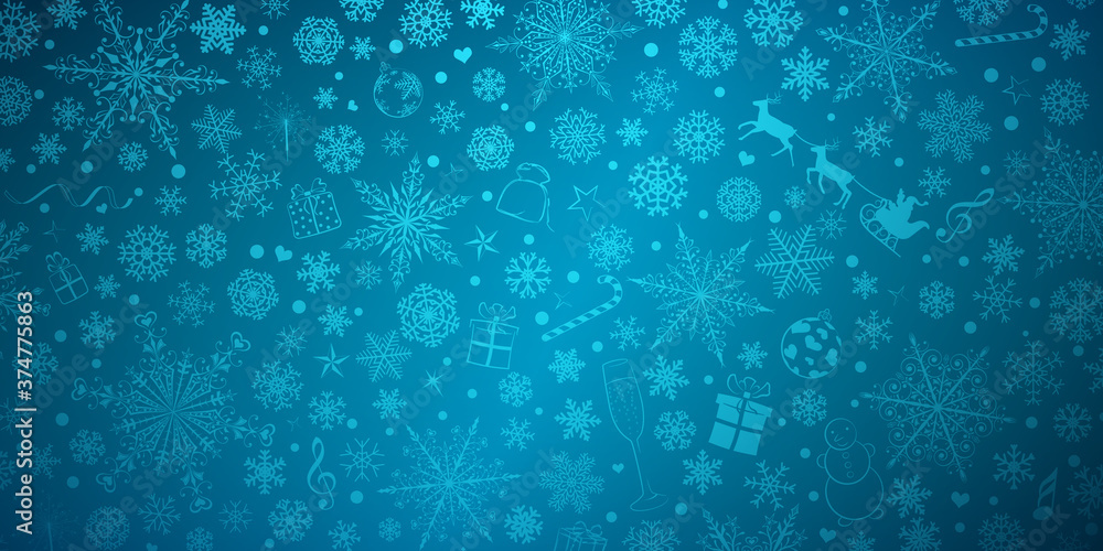 Christmas background of various snowflakes and holiday symbols, in blue colors Christmas background of various snowflakes and holiday symbols, in blue colors