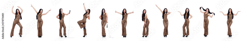 Young model in leopard prints suit isolated on white Young model in leopard prints suit isolated on white