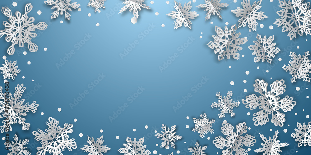 Christmas background with volume paper snowflakes with soft shadows on light blue background Christmas background with volume paper snowflakes with soft shadows on light blue background