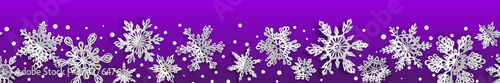 Christmas seamless banner with volume paper snowflakes with soft shadows on purple background. With horizontal repetition