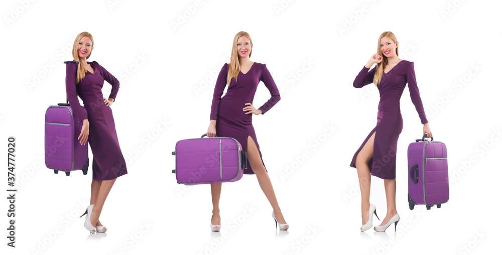 Girl with suitcases isolated on white