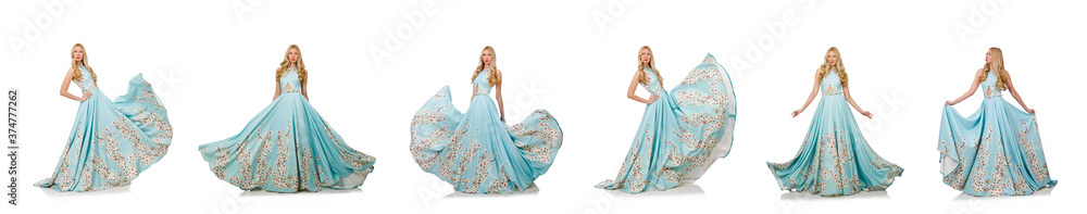 Woman in blue long dress with flower prints isolated on white Woman in blue long dress with flower prints isolated on white