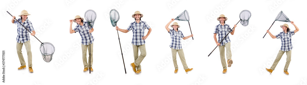 Funny guy with catching net on white Funny guy with catching net on white