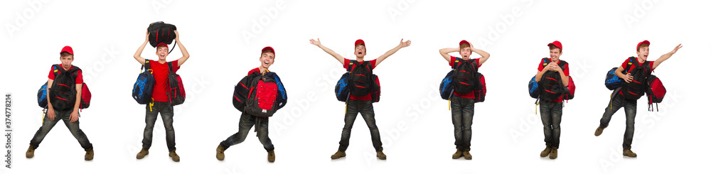 Young traveller with backpack isolated on white Young traveller with backpack isolated on white