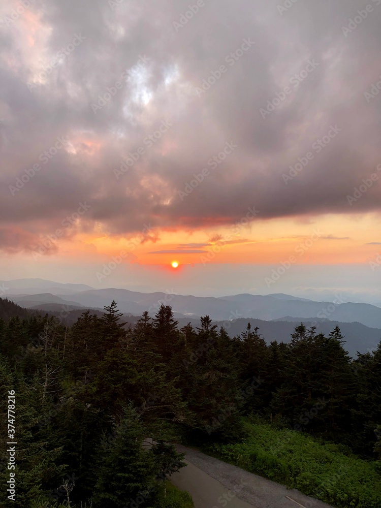Dramatic sunset in a cloudy day in Great Smoky Mountains National Park, TN, USA