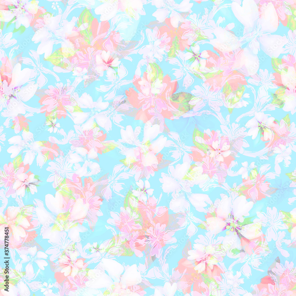 Obraz premium Seamless blue and pink flowers pattern with overlay on light blue background with white silhouette