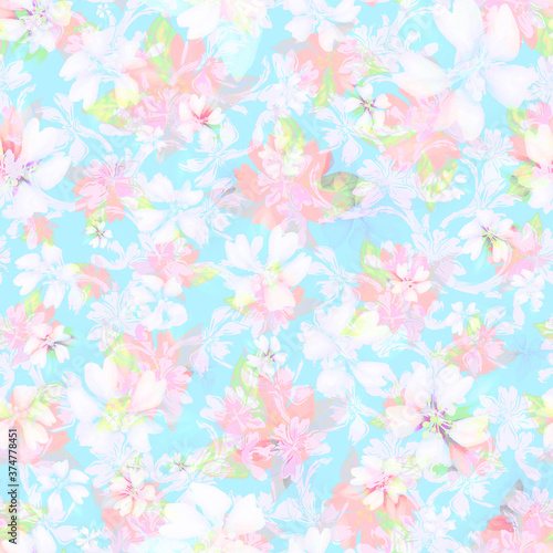 Seamless blue and pink flowers pattern with overlay on light blue background with white silhouette
