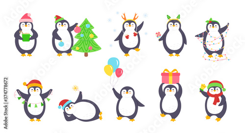 Penguin christmas cartoon set. Cute flat hand drawn penguins collection. Smile happy character with santa hat or horns, tree, garland, gift bell, cup. New year Christmas. Isolated vector illustration