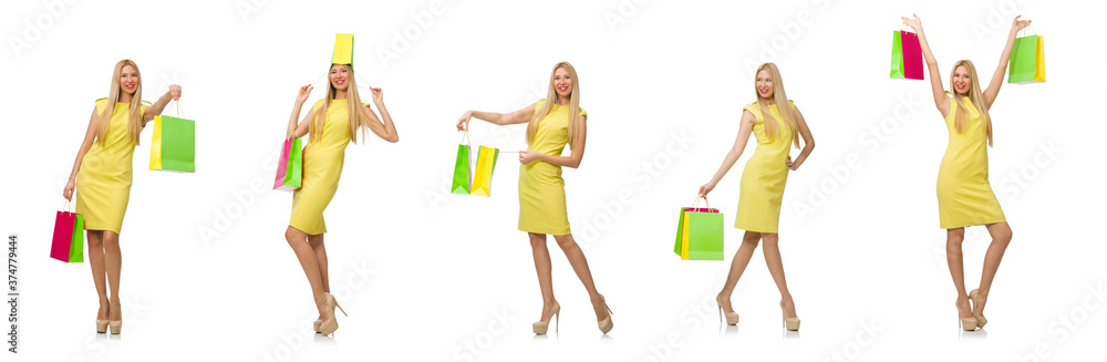 Woman with many shopping bags on white