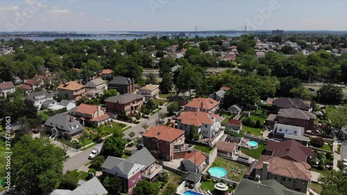 Panning Down at Big Houses In Suburban Neighborhood with Pools and Greenery photo