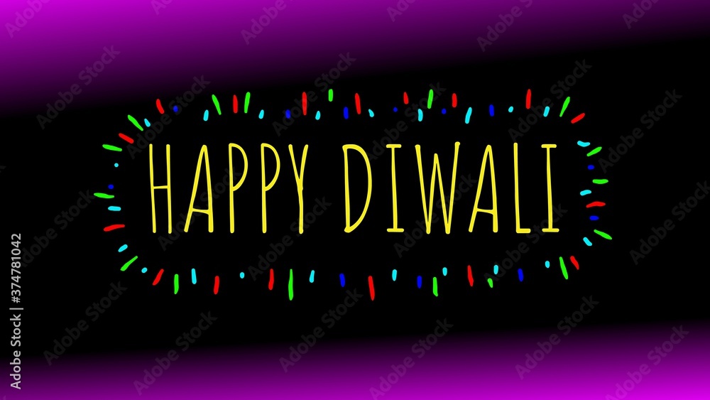 Happy diwali words in yellow. Words are sorrounded by short, colorful lines and dots. Background is black and purple.