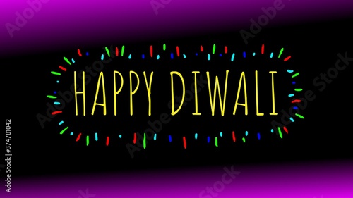 Happy diwali words in yellow. Words are sorrounded by short, colorful lines and dots. Background is black and purple.