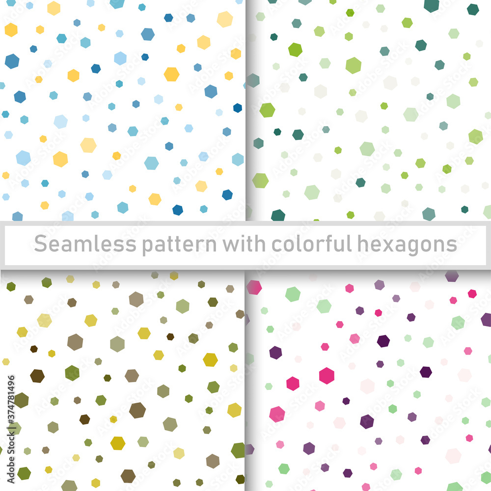 Set of seamless patterns with colorful hexagons. Vector