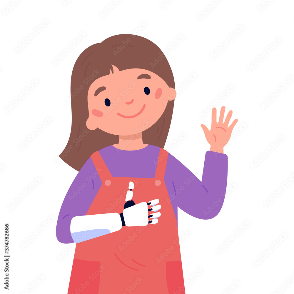 Disabled girl presents a prosthesis.Little kid with artificial limb isolated cartoon character on white background. Happy girl shows Like.Advertising concept.Vector flat style cartoon illustration. Disabled girl presents a prosthesis.Little kid with artificial limb isolated cartoon character on white background. Happy girl shows Like.Advertising concept.Vector flat style cartoon illustration.