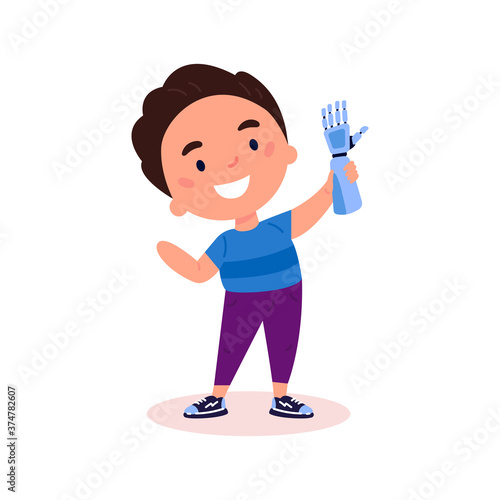Disabled boy presents a prosthesis.Little kid with artificial limb isolated cartoon character on white background.Advertising concept.Vector flat style cartoon illustration.