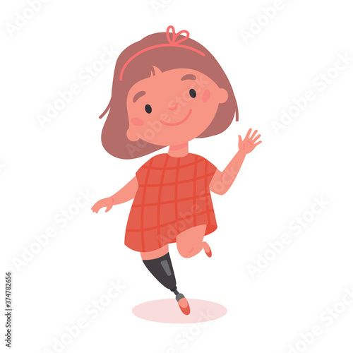 Disabled girl with prosthesis.Little kid with artificial limb isolated cartoon character on white background.Advertising concept.Vector flat style cartoon illustration.