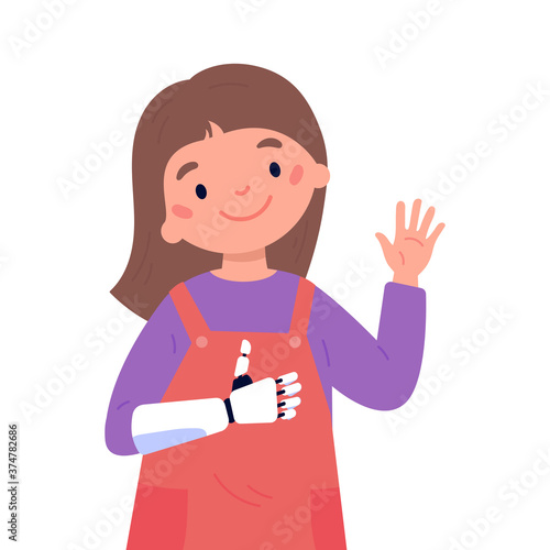 Disabled girl presents a prosthesis.Little kid with artificial limb isolated cartoon character on white background. Happy girl shows Like.Advertising concept.Vector flat style cartoon illustration.