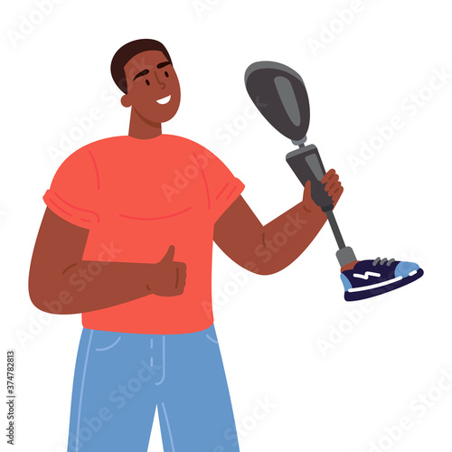 Disabled man presents a prosthesis.African American guy with artificial limb isolated cartoon character on white background.Advertising concept.Vector flat style cartoon illustration.