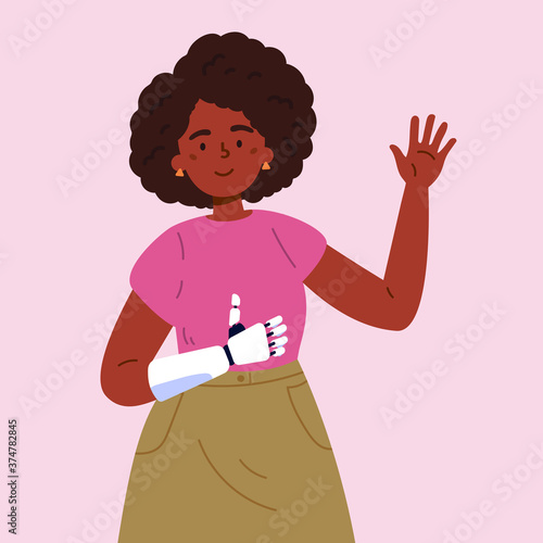 Disabled woman presents a prosthesis.Young woman with artificial limb isolated cartoon character on pinkbackground.Advertising concept.Vector flat style cartoon illustration.