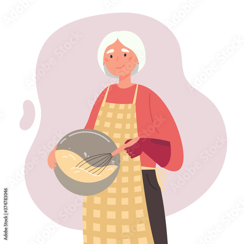 Cute old woman cooks with prosthetic arm.Elder woman hold cooking equipment. Active life of a disabled person. Grandmother's hobby.Vector flat style cartoon illustration on white background. 