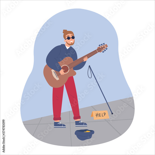 Young blind man in dark glasses plays the guitar and asks for money. A homeless man with a disability.Man with a cane. Disability concept. Vector cartoon illustration isolated on white background. 