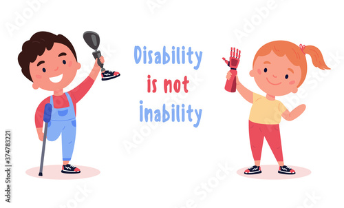 Disabled children presents a prosthesis.Little boy and girl with artificial limbs isolated cartoon characters on white background.Advertising concept.Vector flat style cartoon illustration with text.