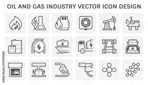 Oil and gas industry icon i.e. global process of exploration, extraction and refinery. Transport by oil tanker and pipeline. Business of petroleum product. Gas station and refuel. Vector icon set.