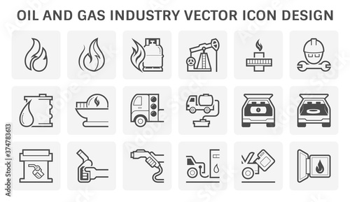 Oil and gas industry icon i.e. global process of exploration, extraction and refinery. Transport by oil tanker and pipeline. Business of petroleum product. Gas station and refuel. Vector icon set.