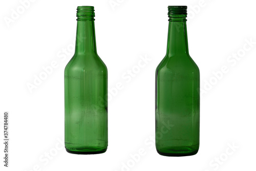 an empty old bottle of Korean traditional liquor soju isolated on white background 