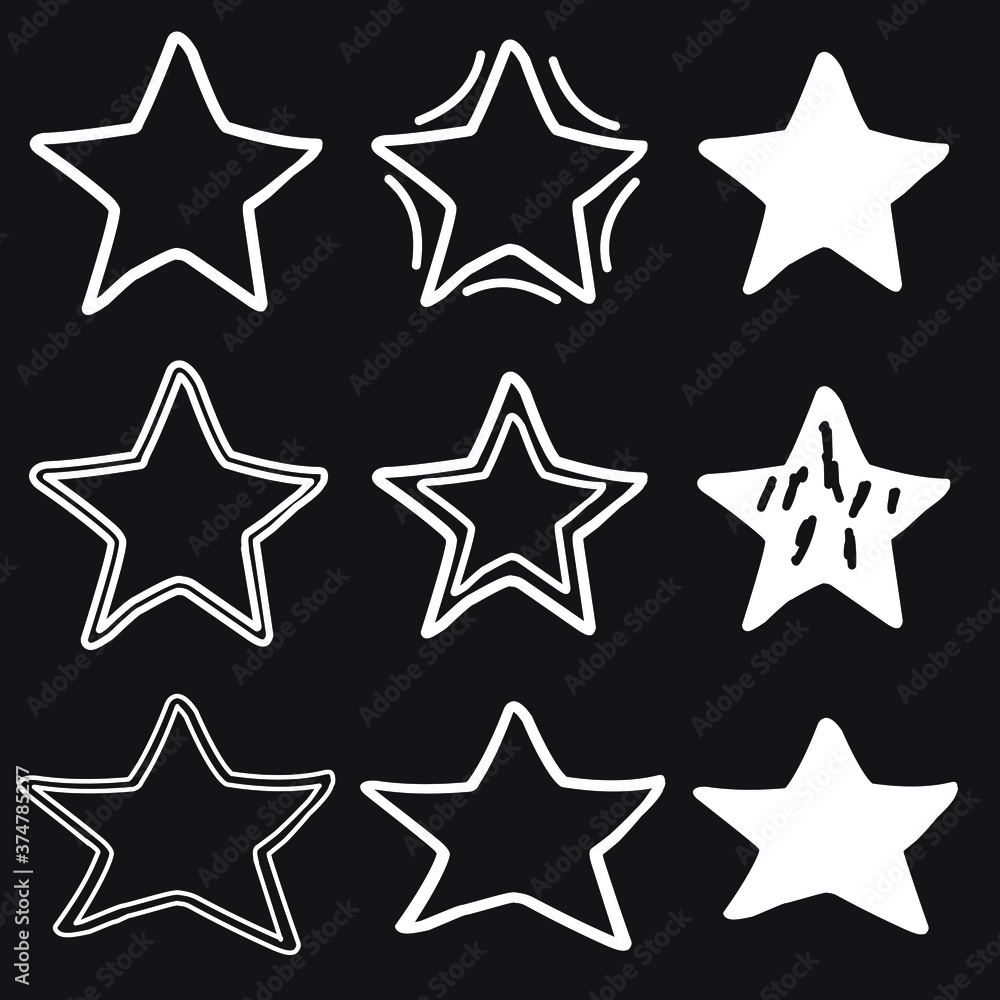 Set, collection of 9 different hand drawn stars, rough handmade, black doodles EPS Vector Set, collection of 9 different hand drawn stars, rough handmade, black doodles EPS Vector