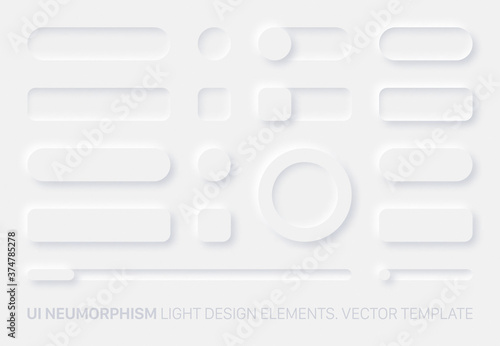 Neumorphic Vector UI Design Elements Set Light Version On White Background. UI Components Buttons, Bars, Switchers, Sliders In Simple Elegant Trendy Neomorphic Style For Apps, Websites, Interfaces photo
