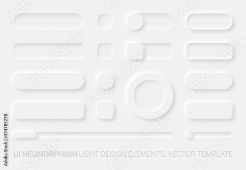 Neumorphic Vector UI Design Elements Set Light Version On White Background. UI Components Buttons, Bars, Switchers, Sliders In Simple Elegant Trendy Neomorphic Style For Apps, Websites, Interfaces