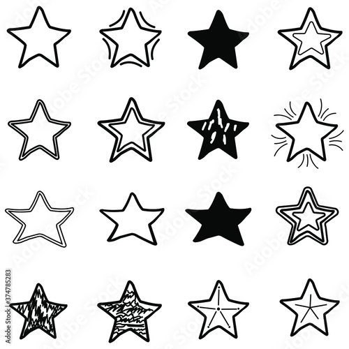 Big set, collection of 16 different hand drawn stars, rough handmade, black doodles EPS Vector