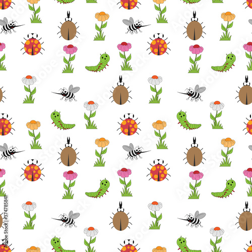 seamless pattern with flowers and cute animal cartoon