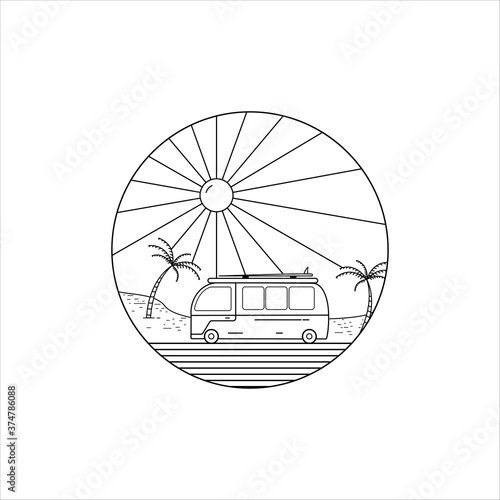 mini bus on vacation using a surf board line art illustration