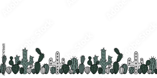 Hand drawn seamless cactus border . Horizontal illustration. Vector cactus background for paper, postcards, posters.