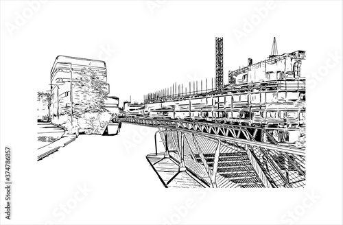 Building view with landmark of Arnhem is a city and municipality situated in the eastern part of the Netherlands. Hand drawn sketch illustration in vector.