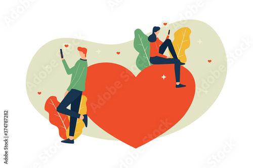 Vector illustration, dating online concept, man and woman sending love