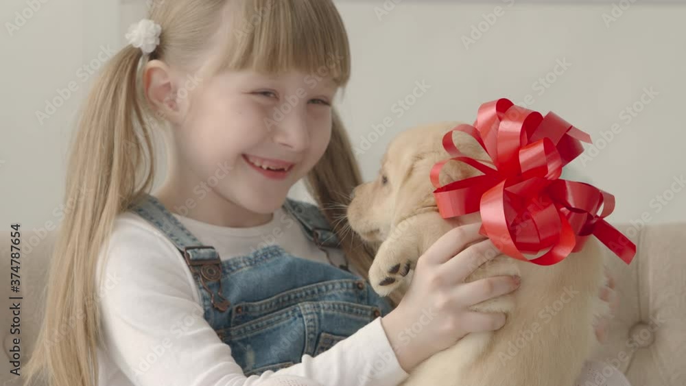 Little girl is happy to the gifted puppy Little girl is happy to the gifted puppy