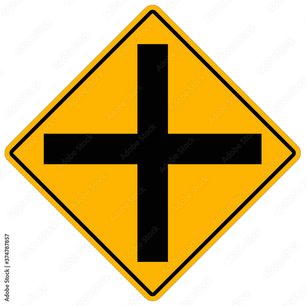 cross road ahead road sign. Junction symbol. warning sign in front of the intersection. cross road ahead road sign. Junction symbol. warning sign in front of the intersection.