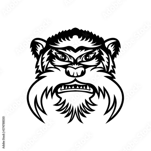 Head of Emperor Tamarin Monkey Front View Mascot Black and White