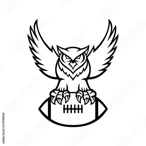 Great Horned Owl or Tiger Owl Clutching American Football Ball Mascot Black and White