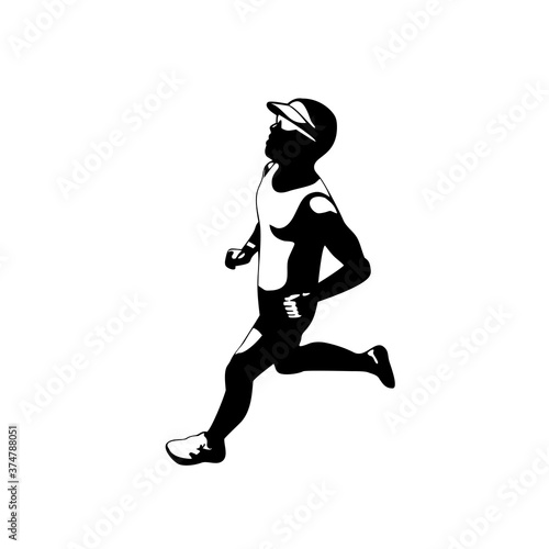 Triathlete Marathon Runner Running Side View Retro Stencil Black and White