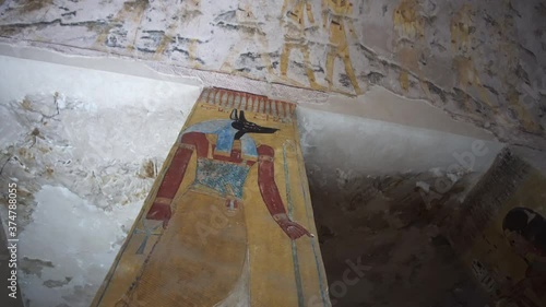 Valley of the kings The Tomb of Tausert and Setnakht Anubis god illustration and hieroglyph inside tomb blue and yellow color photo